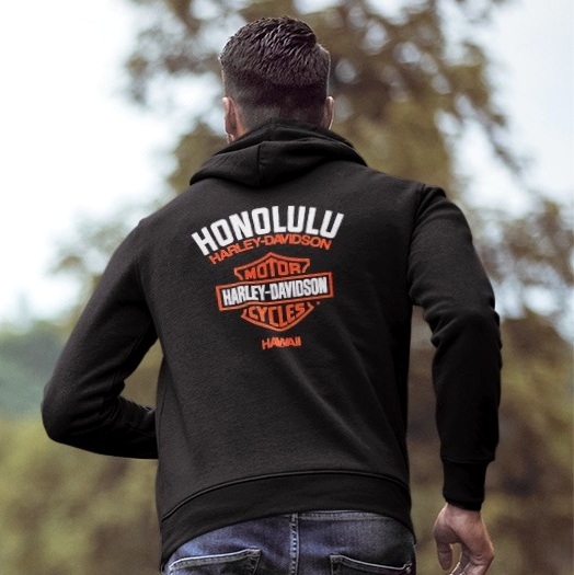 Exclusive Pacific Harley-Davidson Hawaii Design. Harley-Davidson Unisex HD Original Pullover Hoodie. 70% cotton 30% polyester. Color in black. SKU:MHF230309. Available in size S - 3XL. 
