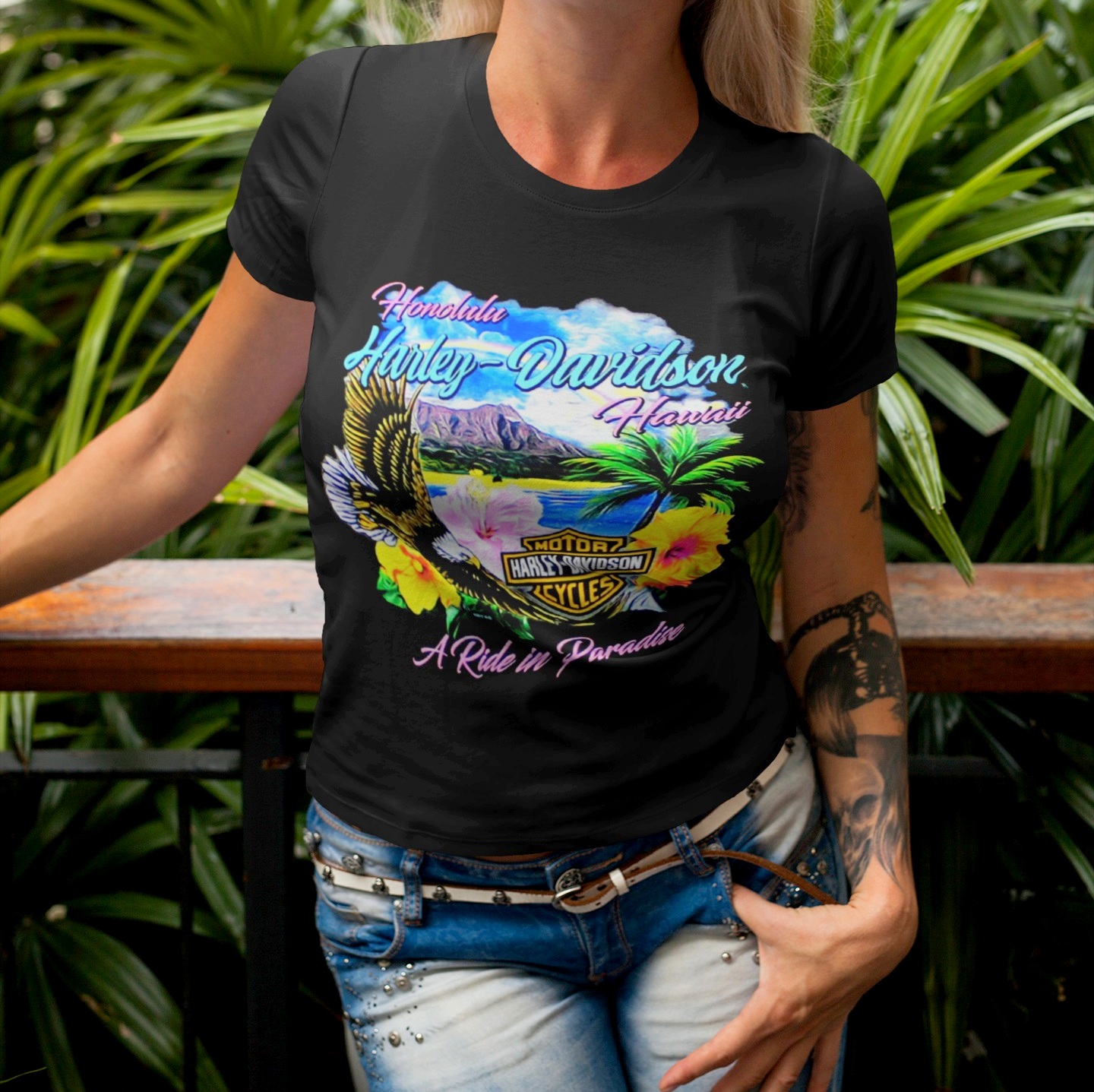 Exclusive Pacific Harley-Davidson Hawaii T-Shirt. Harley-Davidson Women Paradise Tee. Short Sleeve scoop neck  tee. 100% Cotton. Hawaii Exclusive Design. 