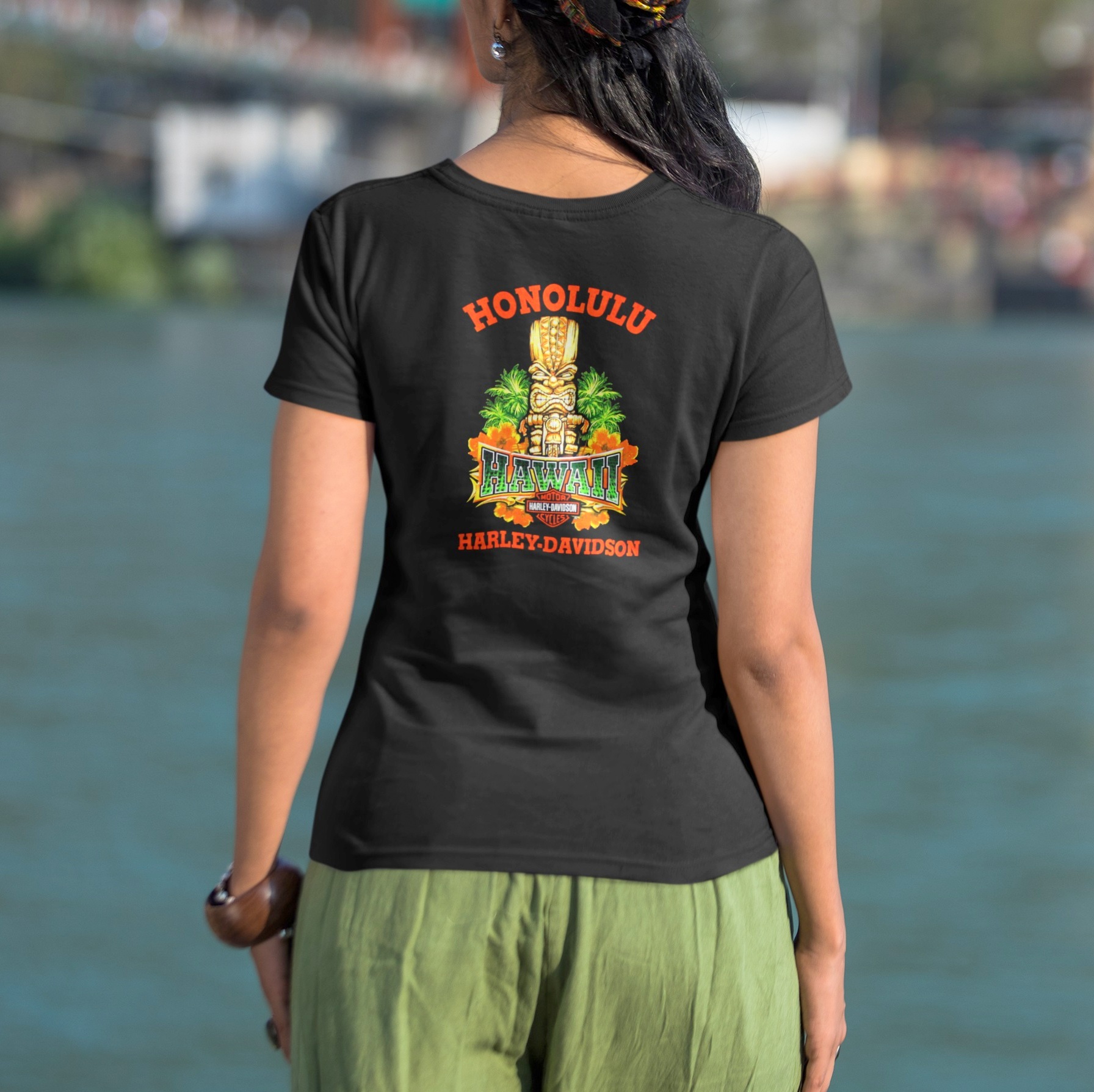 Exclusive Pacific Harley-Davidson Hawaii t-shirt. Harley-Davidson Women Tiki Guy T-shirt. Harley-Davidson Tiki Guy Tee. 100% cotton.