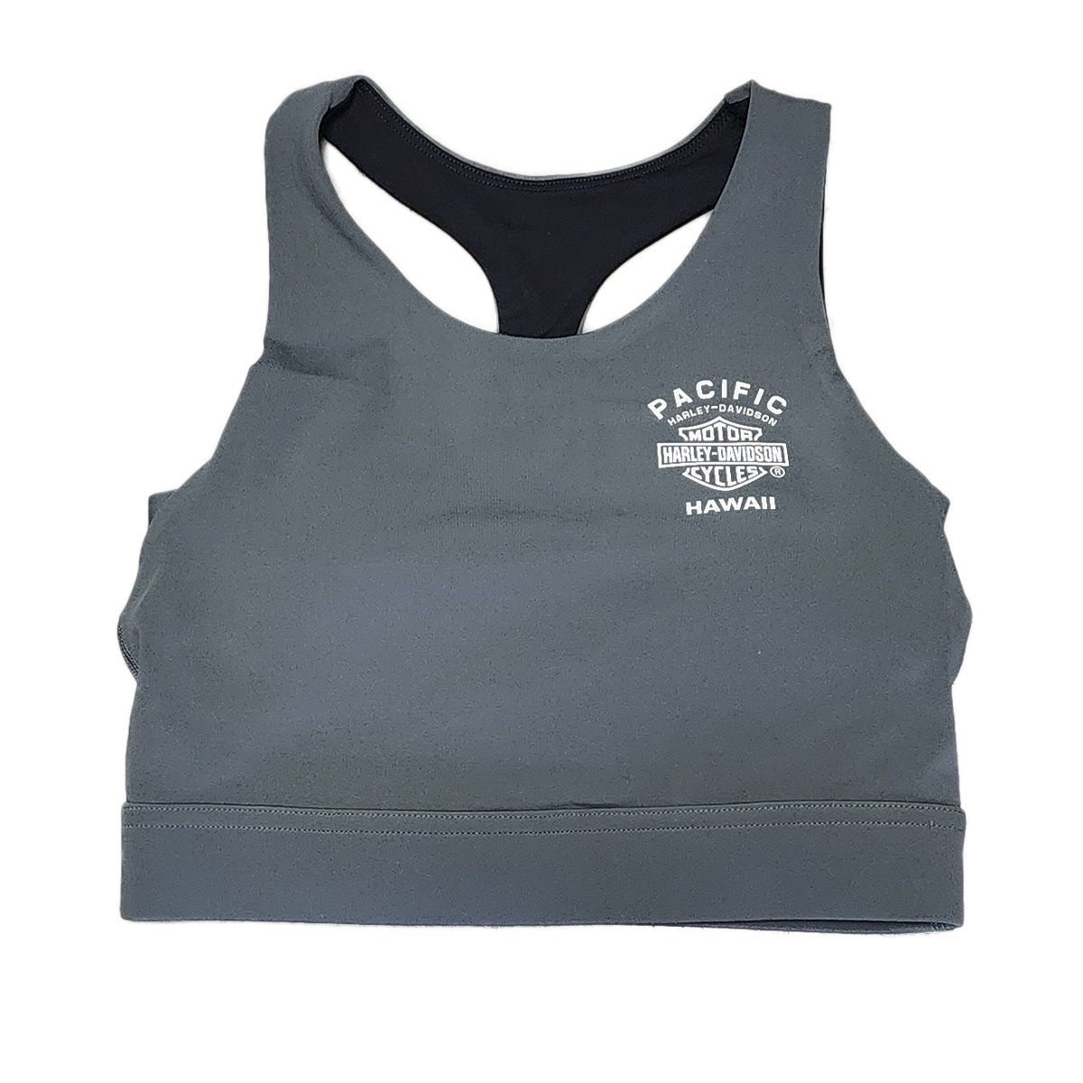 Harley-Davidson Women's A-Back Synergy Sports Top with Removable Cups. Hawaii exclusive design by our local designer. We designed this high-neckline synergy sports top with twist back detail. 