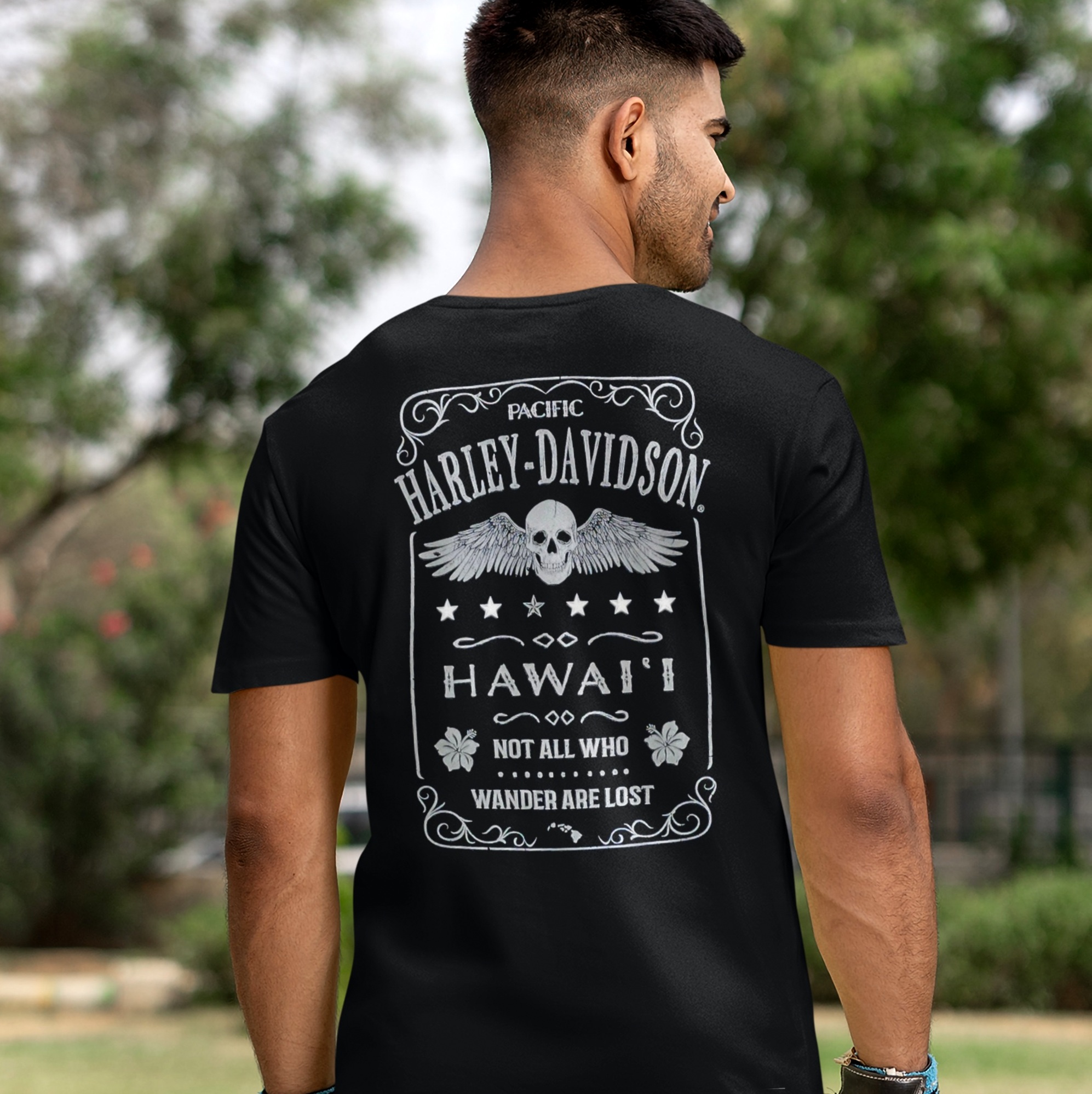 Exclusive Pacific Harley-Davidson Hawaii design. Harley-Davidson Men Wanderlost T-Shirt. Men Short Sleeve Crew Tee. 100% cotton. 
