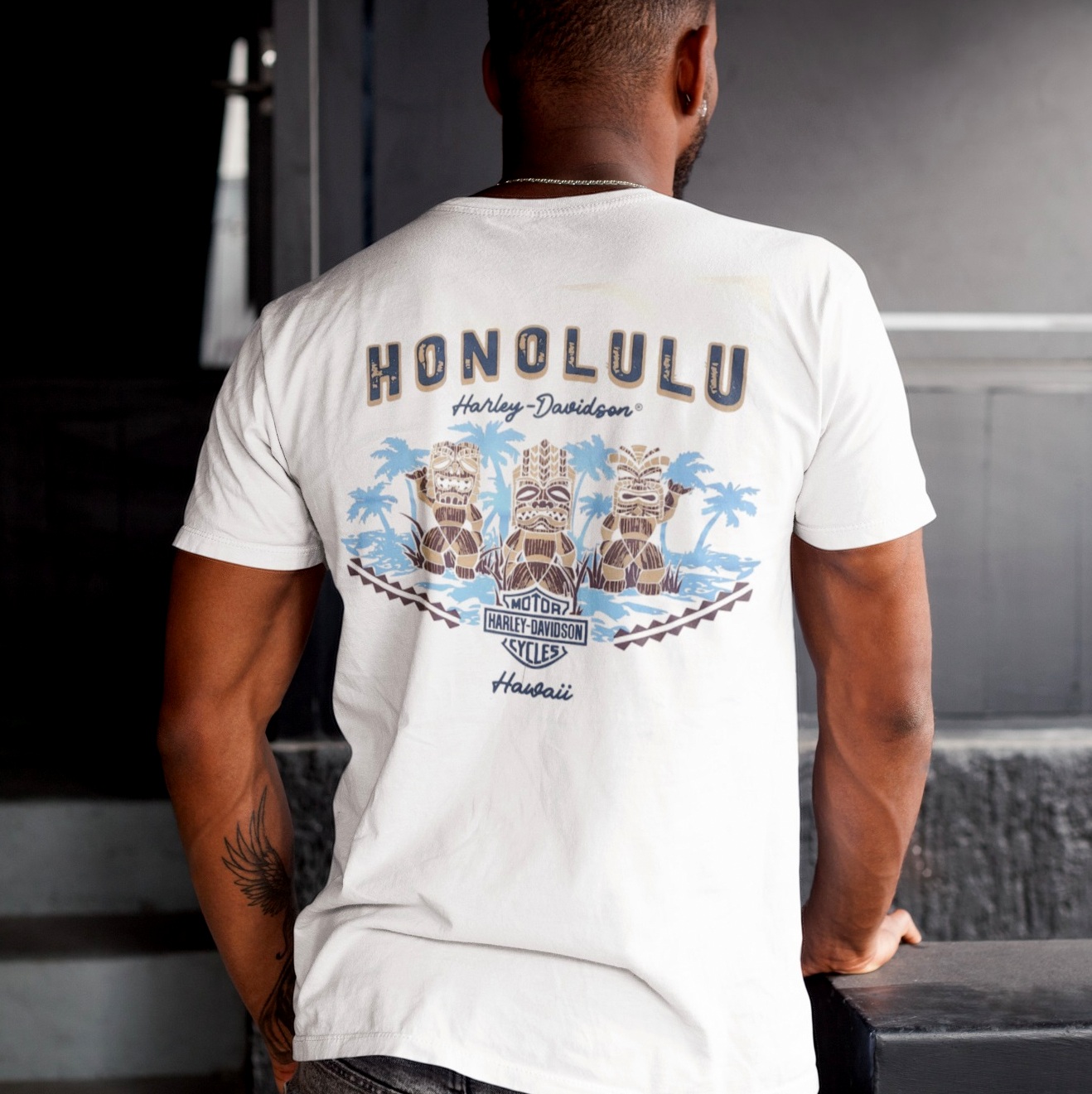 Exclusive Pacific Harley-Davidson Hawaii T-Shirt. Harley-Davidson Men's Tiki Tok White T-shirt. 100% cotton traditional tee.