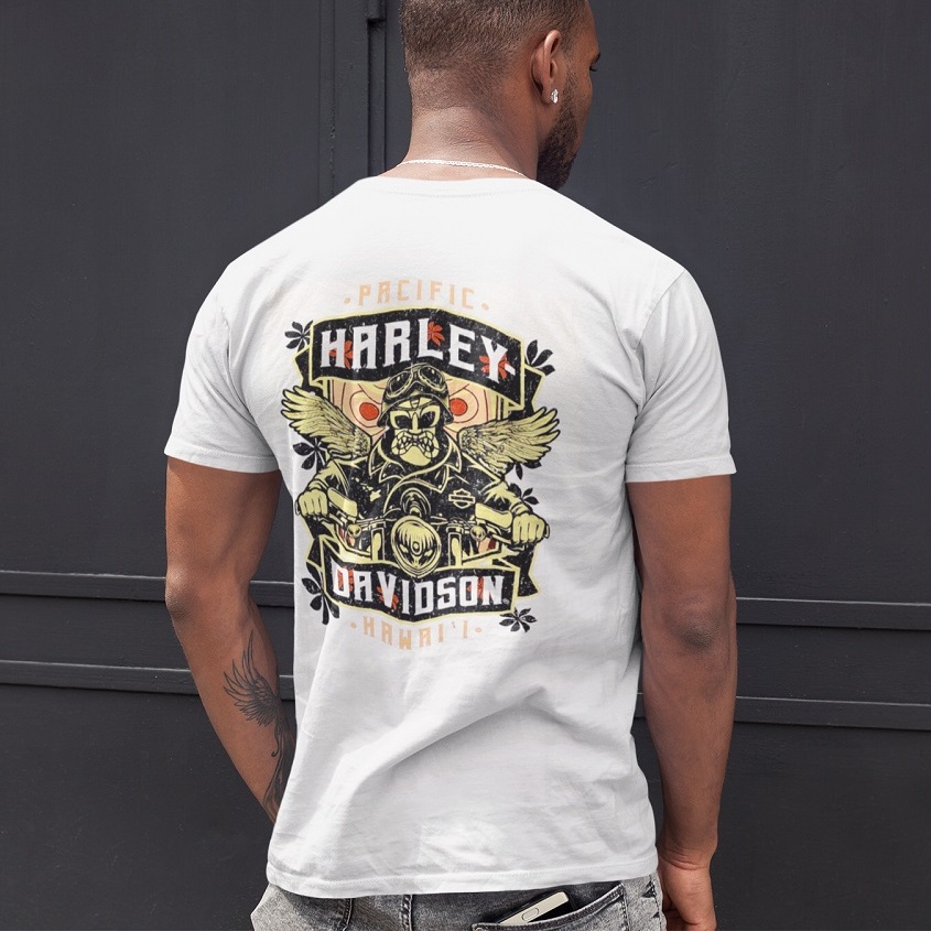 Exclusive Pacific Harley-Davidson Hawaii design. Harley-Davidson Men Hang On T-Shirt. Men Short Sleeve Crew Tee. 100% cotton. 