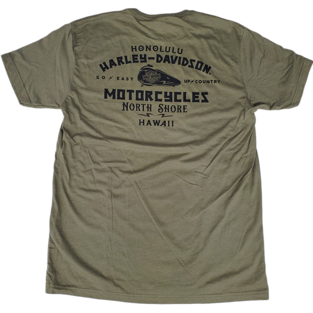 Exclusive Pacific Harley-Davidson Hawaii T-Shirt. Harley-Davidson Men's Up Country Tee. Men's S/S Premium Crew Tee. Made from 60% cotton 40% polyester.