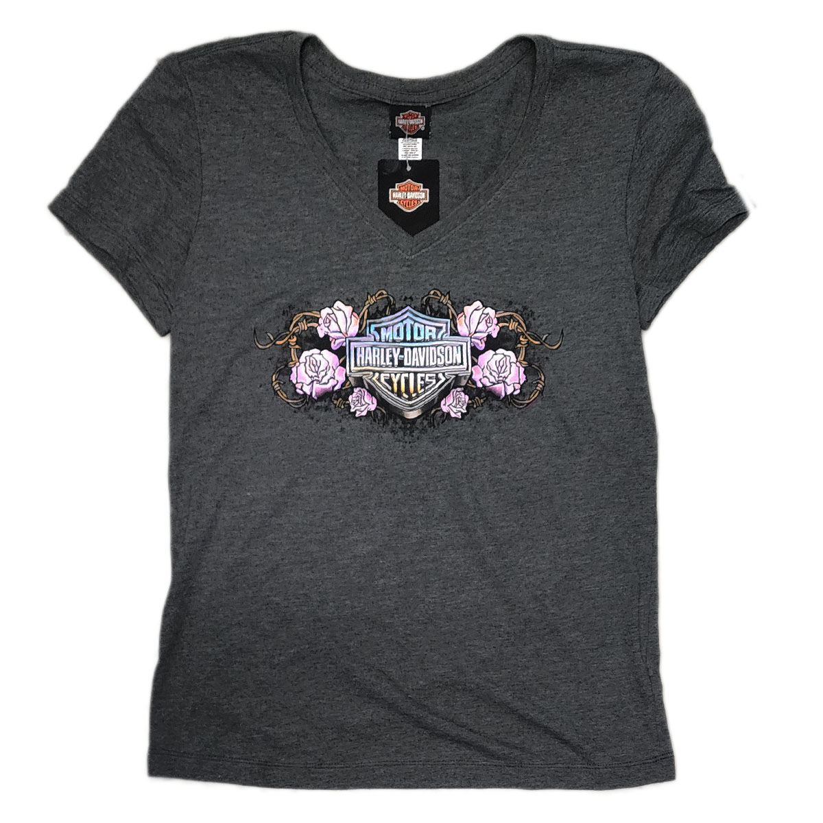 Exclusive Pacific Harley-Davidson Hawaii T-shirt. Harley-Davidson Women's Barbed Roses Tee. 50% cotton 50% polyester.