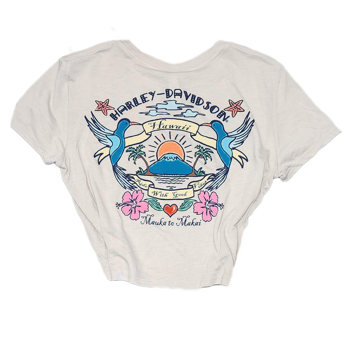 Harley-Davidson Women's Little Birdies Tee. This crop top is ideal for pairing with high-waisted bottoms. 65% polyester 35% Rayon.