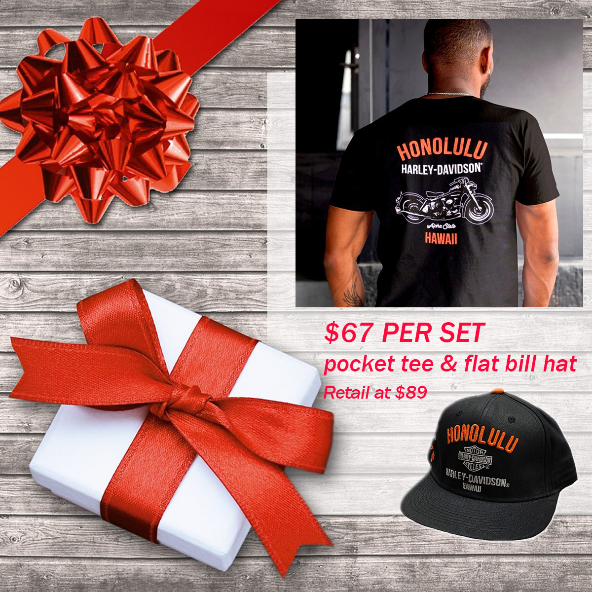  Exclusive Pacific Harley-Davidson Hawaii t-shirt and hat set ($65 per set). Harley-Davidson Men's Hawaii '59 Pocket T-shirt (retail at 47.00).
