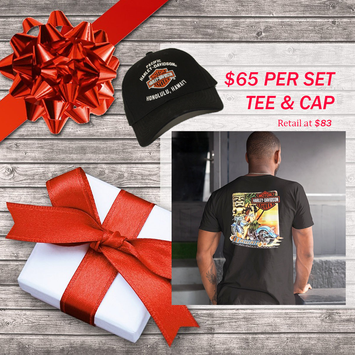 Hawaii Hula Girl Black Short Sleeve T-shirt,retail at $45.00. 100% cotton traditional tee. Pacific Harley-Davidson Tally Black cap, retail at $38.00. 
