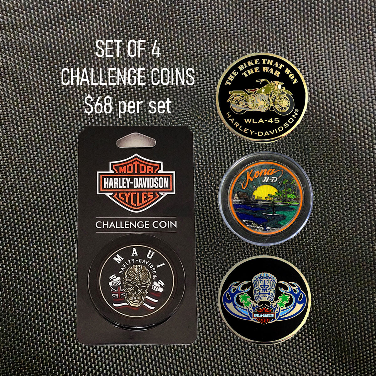 Harley-Davidson Hawaii Challenge Coins - Set of 3. Set of 3 Exclusive Challenge Coins from Hawaii. Retail at $19 each. Save $7.5 when purchase as a set.