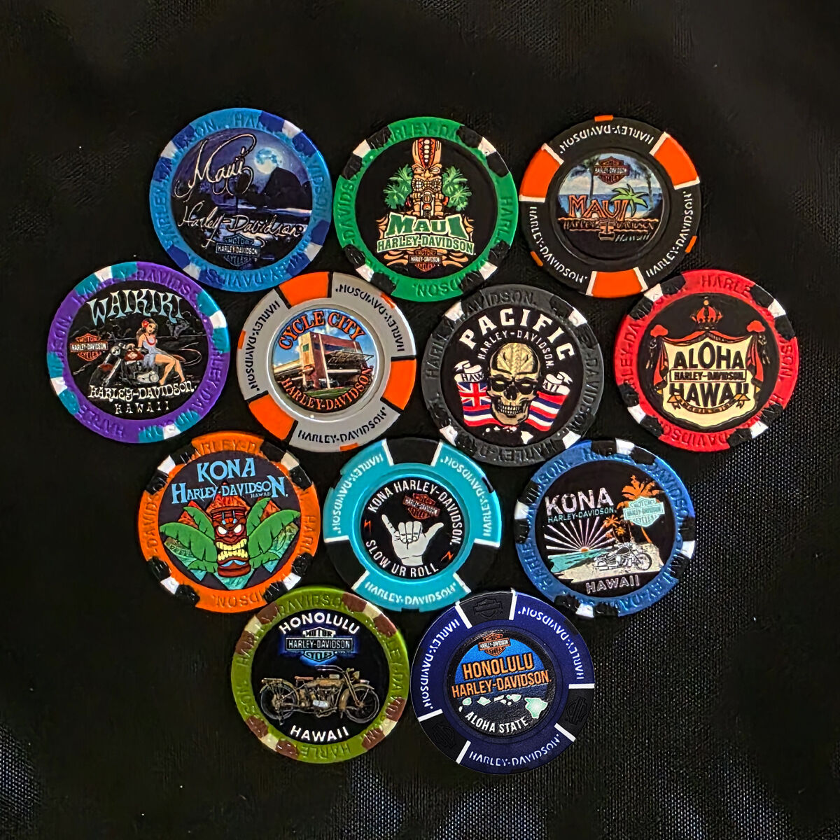 Set of 12 color chips. Exclusive design from Hawaii (retail at $96 for 12 full color poker chips).