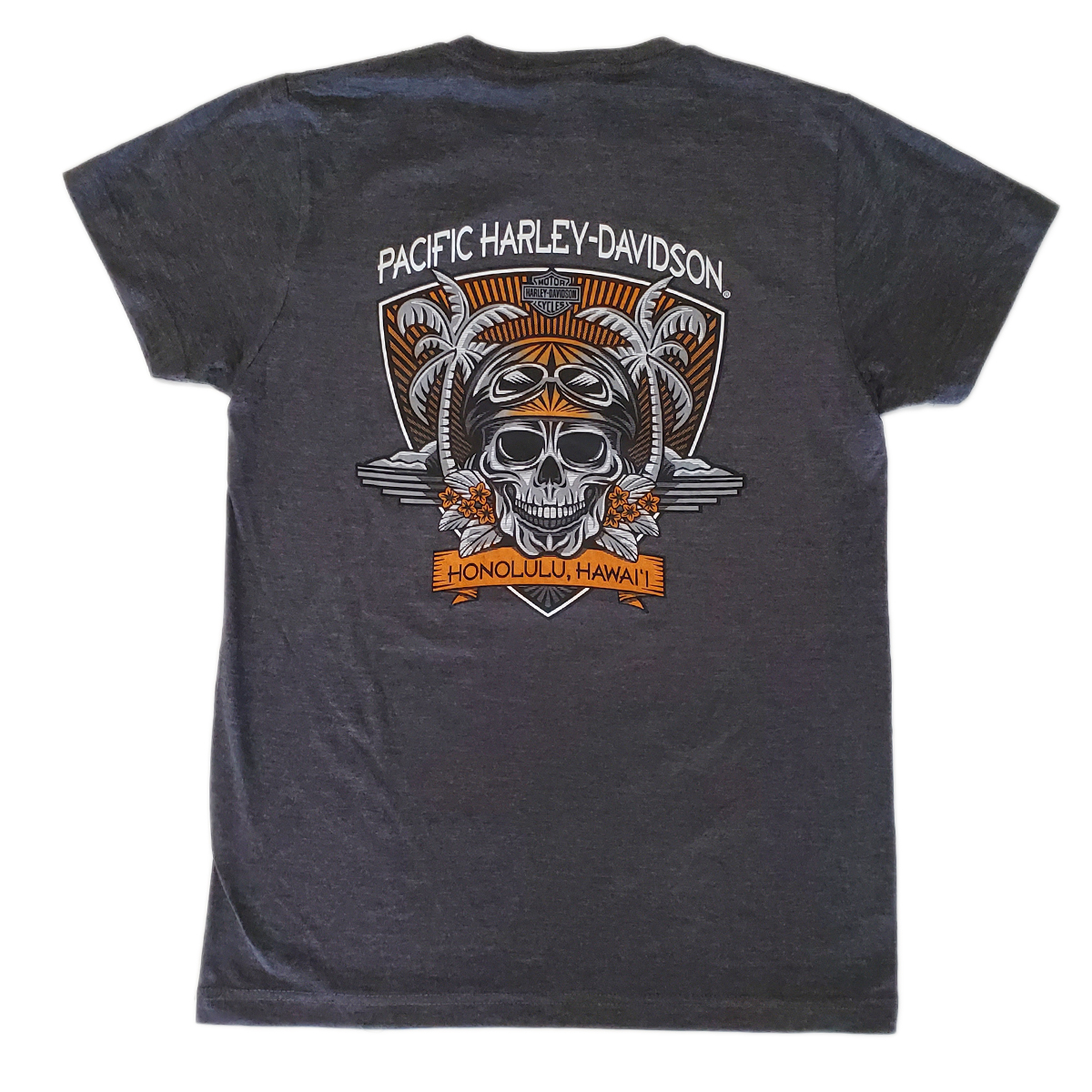 Harley-Davidson Men Skull Palms T-Shirt. Men Short Sleeve Premium Crew Tee. Blended 32 singles combed ringspun cotton/polyester.