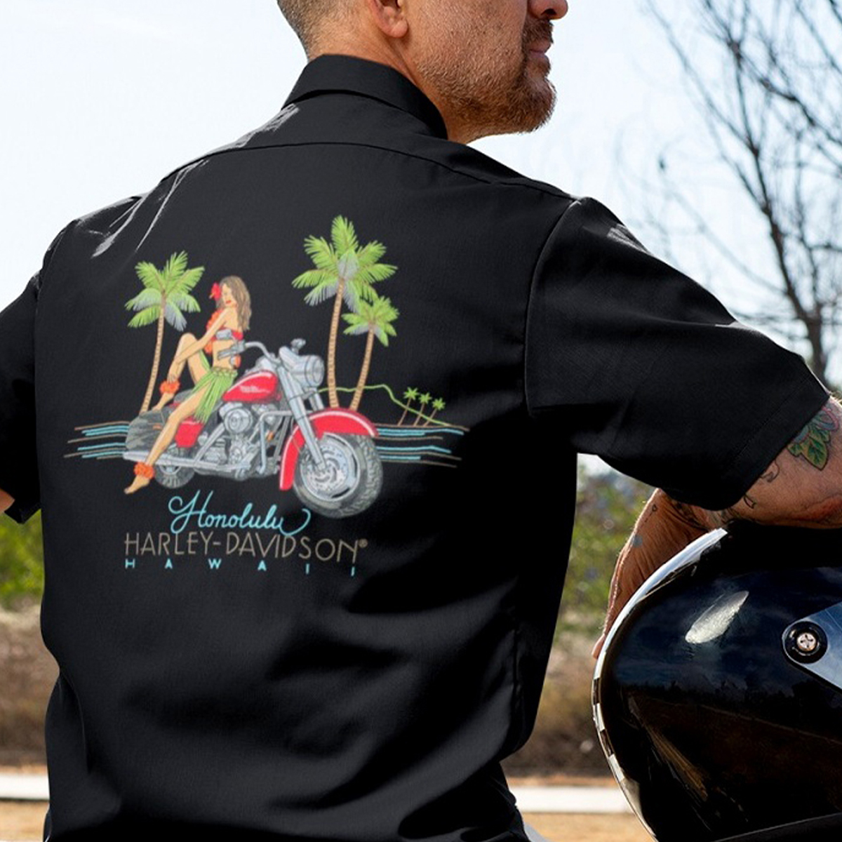 Exclusive Pacific Harley-Davidson Hawaii button-down shirt. Harley-Davidson Men Honey Aloha Shirt Black.
