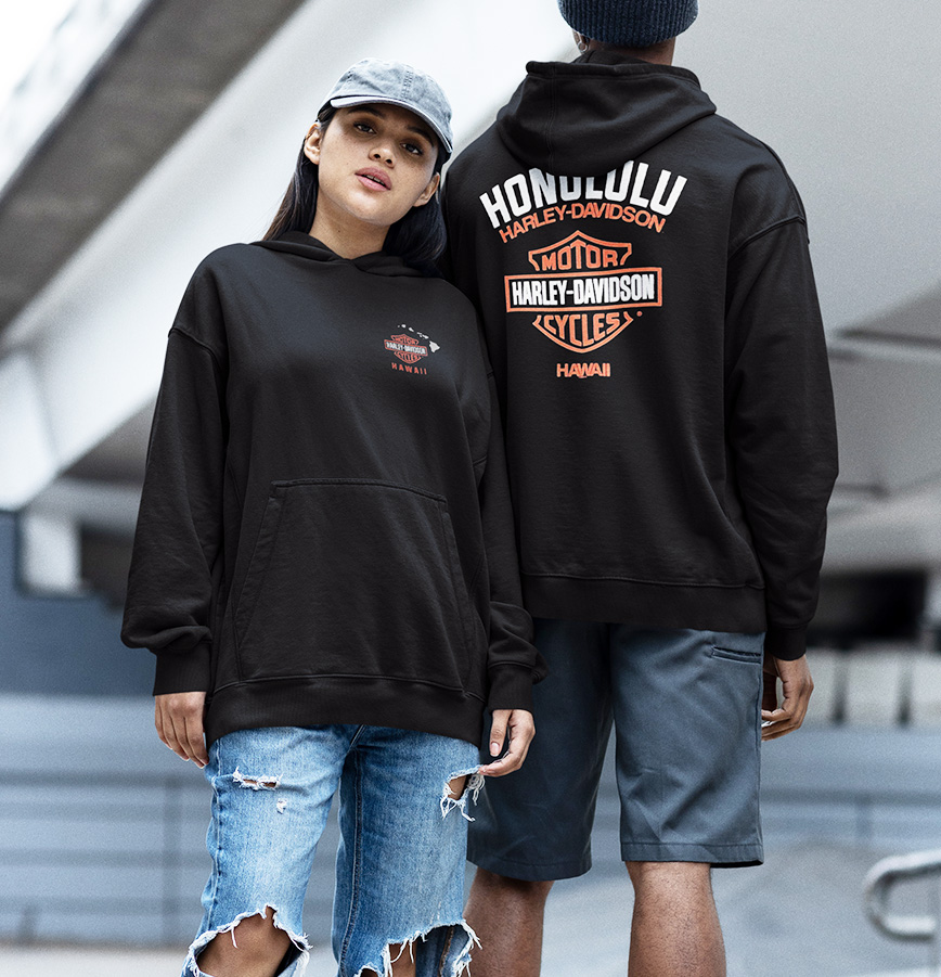 Exclusive Pacific Harley-Davidson Hawaii Design. Harley-Davidson Unisex HD Original Pullover Hoodie. 70% cotton 30% polyester.