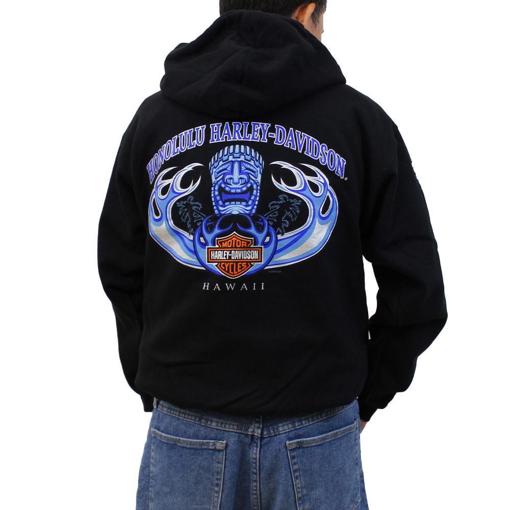 Harley-Davidson Mens Tiki Wave Zipped Jacket. Hawaii exclusive design. Design by local designer. 80% Cotton 20% Polyester. Style: TIKIWAVEJKT.