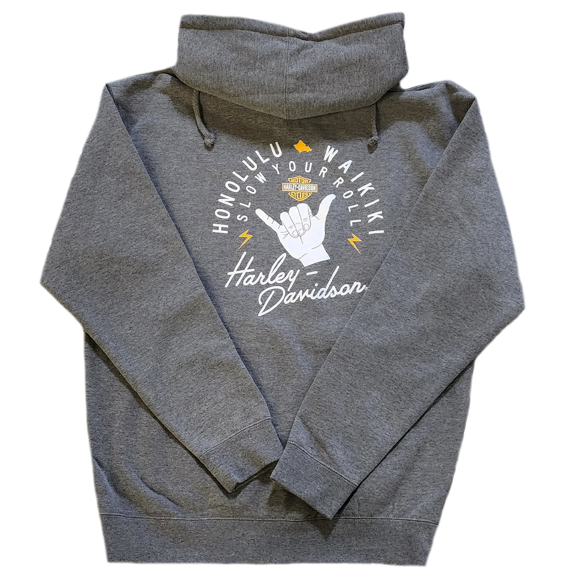 Slow Your Roll Hooded Sweatshirt. Hawaii exclusive design. Heather Grey Sweatshirt. 52% cotton 48% polyester. Fleece lined hood split stitch double needle sewing on all seams. Style: MHF21101.