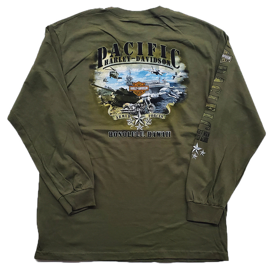 Harley-Davidson Men Pacific Armed Forces Long Sleeve Tee. Long Sleeve T-shirt. 100% Cotton. Hawaii Exclusive Design.  