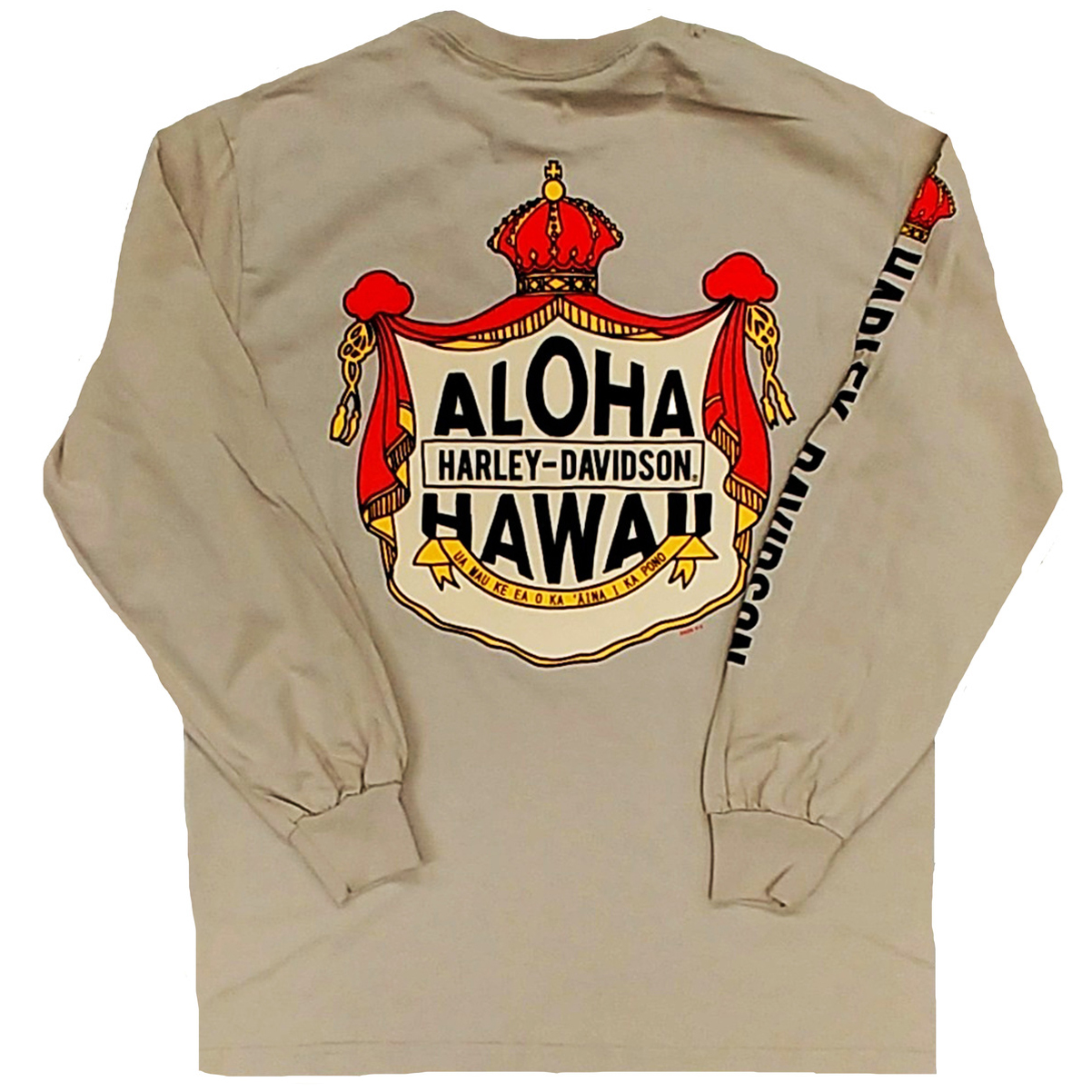 Harley-Davidson Mens Coat of Arms Long Sleeve T-shirt. Hawaii exclusive design with hawaiian phrase printed on 100% cotton traditional long sleeve t-shirt (available in black and khaki color).