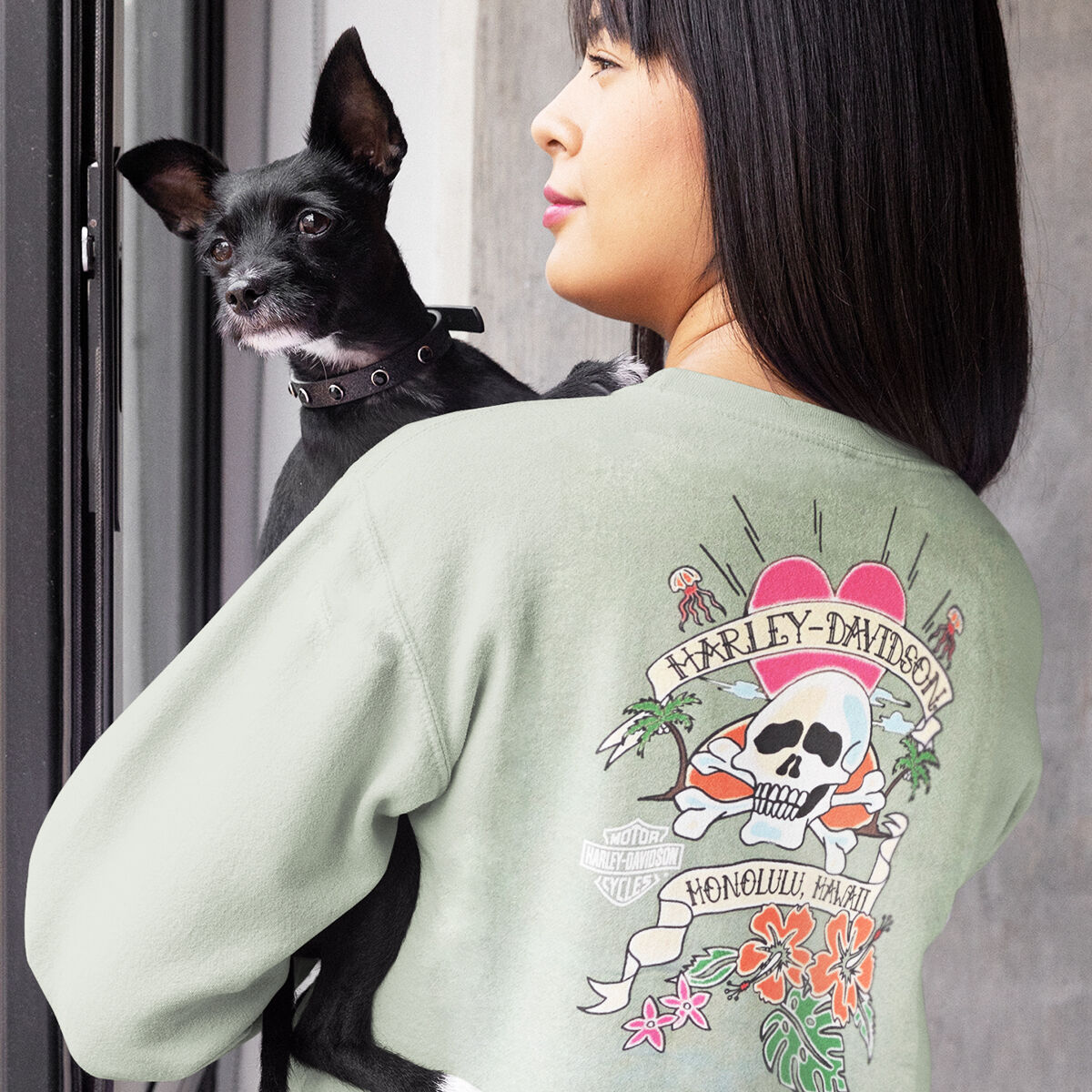 Crossbones Crop Sweatshirt. Runs true to size. Blend: 80% cotton 20% polyester. Weight: 6.5 oz. Color: Sage. Relaxed and drapey fit with raw edged hem. 
