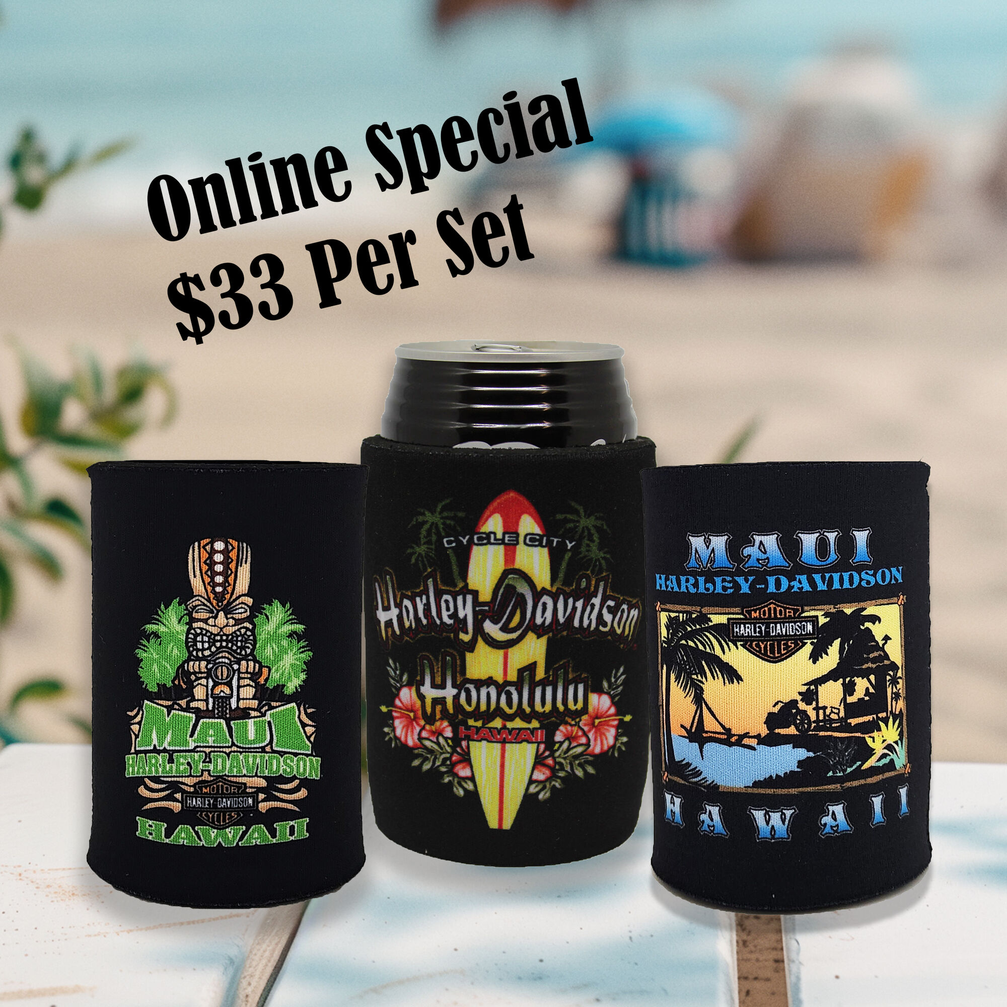 Harley-Davidson Honolulu Maui Exclusive Can Coolers Gift Set of 3