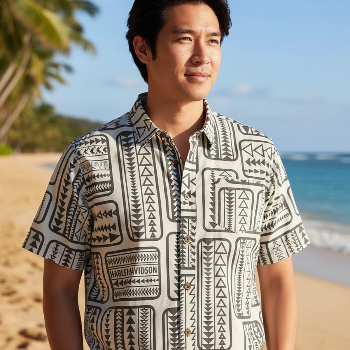 Pacific Harley-Davidson Maui Tiki Guy Men T-shirt. Traditional S/S Crew Black Tee. 6oz. 100% Cotton Jersey.