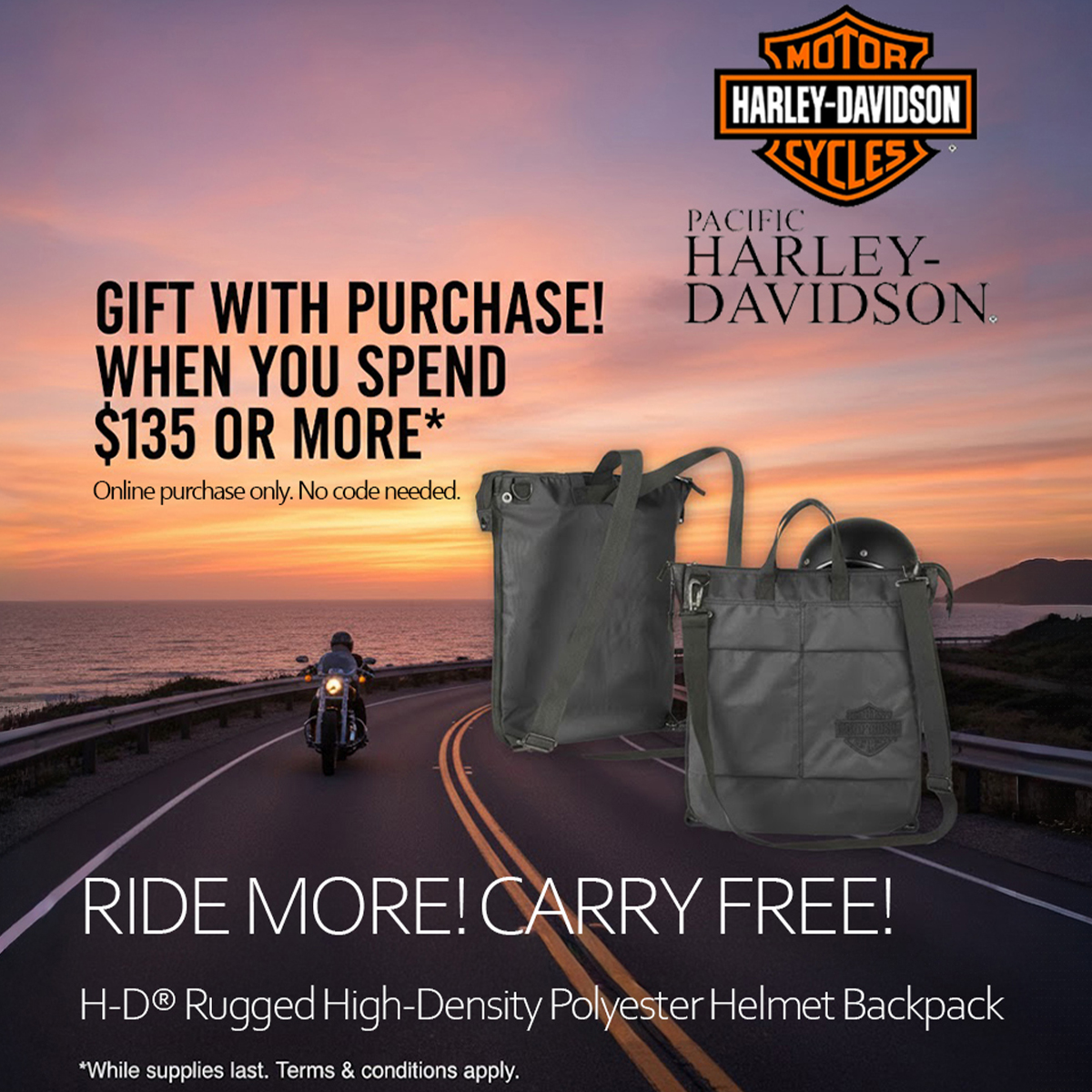 Harley-Davidson Free H-D Helmet Backpack with a $135 order