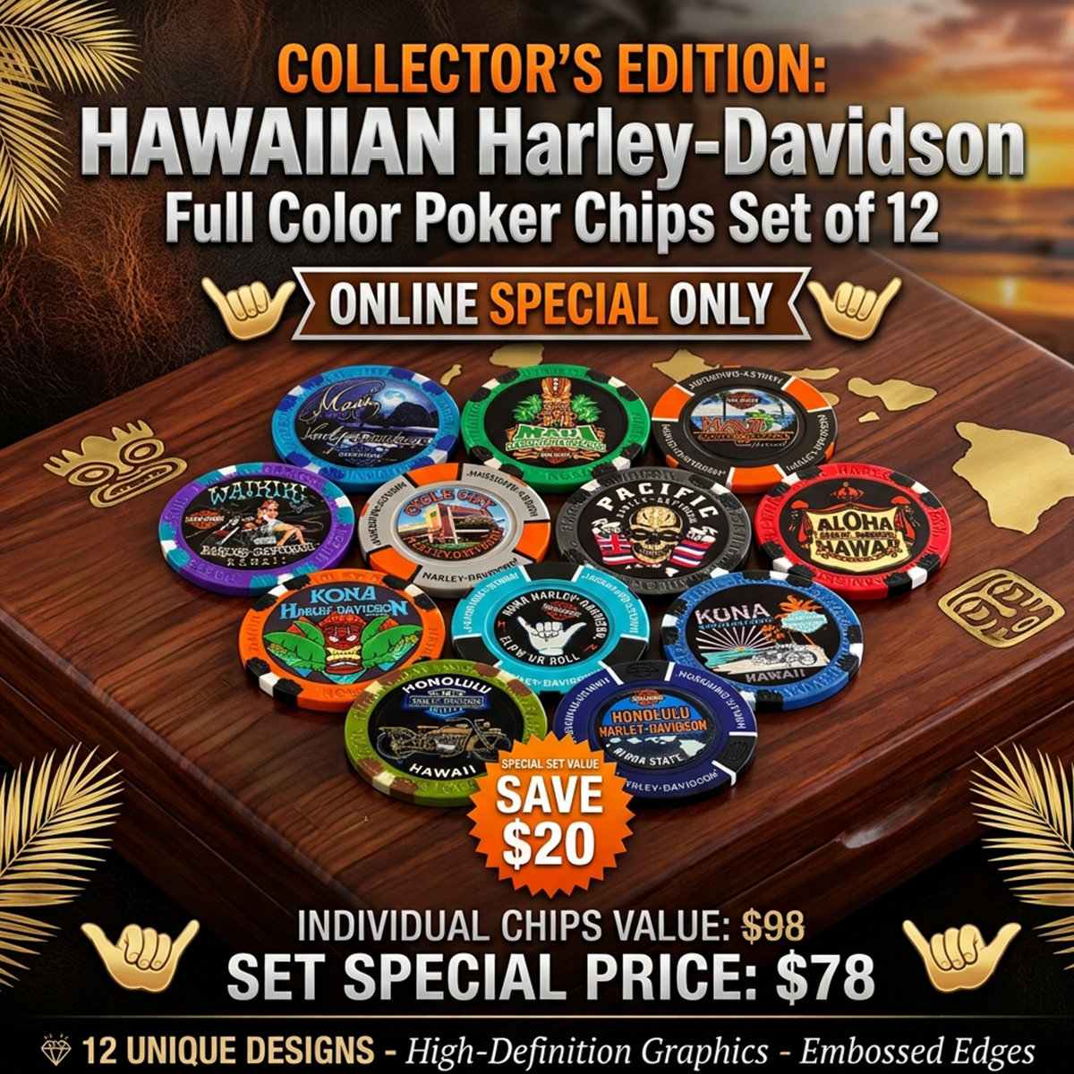 Harley-Davidson Full Color Poker Chips Complete Set of 12 | Hawaii